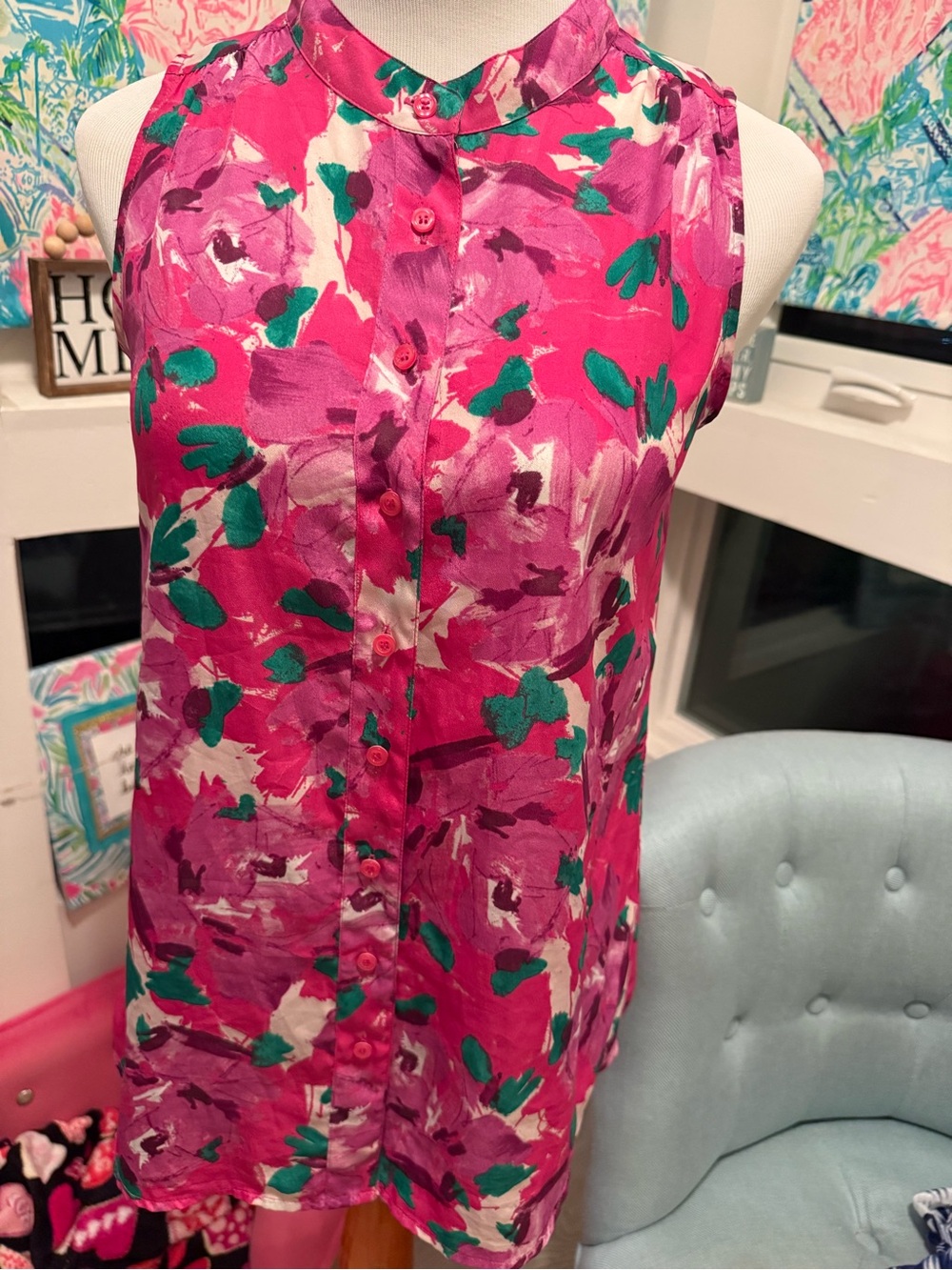 J. Crew Pink Floral Sleeveless Button-Up top with Green Accents